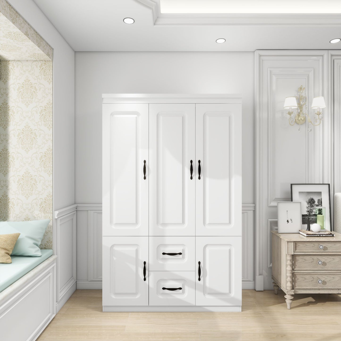 Morden 3 Door Armoire Wardrobe Closet, 2 Drawers Wooden Closet Wardrobe Cabinet for Large Capacity with Hanging Rod for Tall Cabinet Closet White