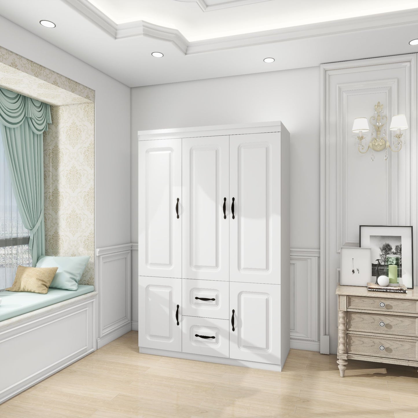 Morden 3 Door Armoire Wardrobe Closet, 2 Drawers Wooden Closet Wardrobe Cabinet for Large Capacity with Hanging Rod for Tall Cabinet Closet White