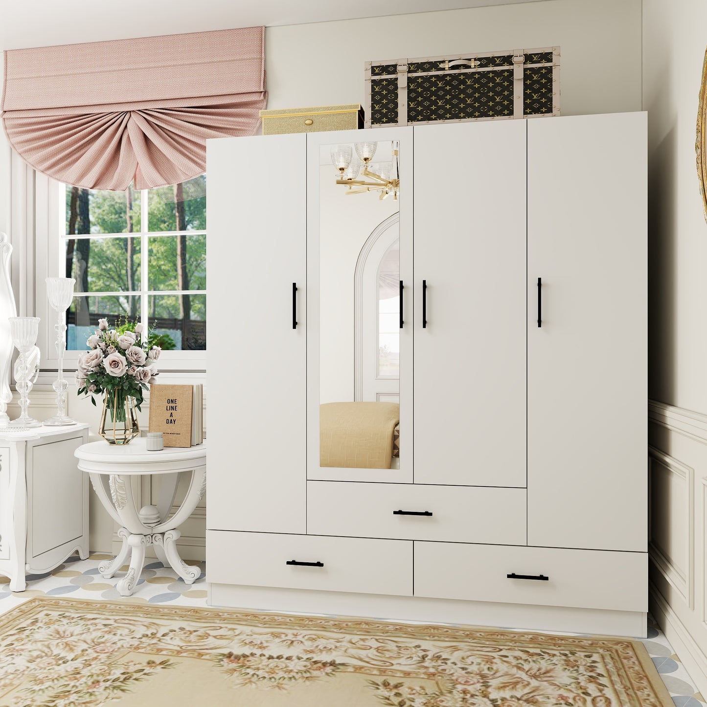 Modern Wood Closet ,Armoire Wardrobe Closet, 4 Doors and  3 Drawers Wardrobe Closet Wardrobe Cabinet for Bedroom ,White