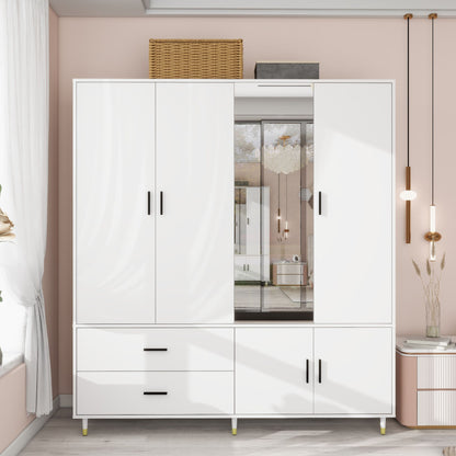 Armoire Wardrobe Closet, White Bedroom Armoires Wood Wardrobe Cabinet with 4 Door 2 Drawers, 5 Shelves and 2 Hanging Rail Tall Wardrobe Closet