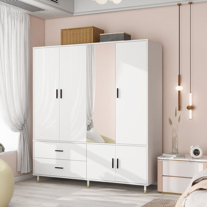 Armoire Wardrobe Closet, White Bedroom Armoires Wood Wardrobe Cabinet with 4 Door 2 Drawers, 5 Shelves and 2 Hanging Rail Tall Wardrobe Closet