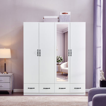 Morden Mirror White Four Doors Freestanding Armoires Wardrobe Cabinet Closet with 2 Hanging Rods and  Four Drawers Bedroom Closet Storage