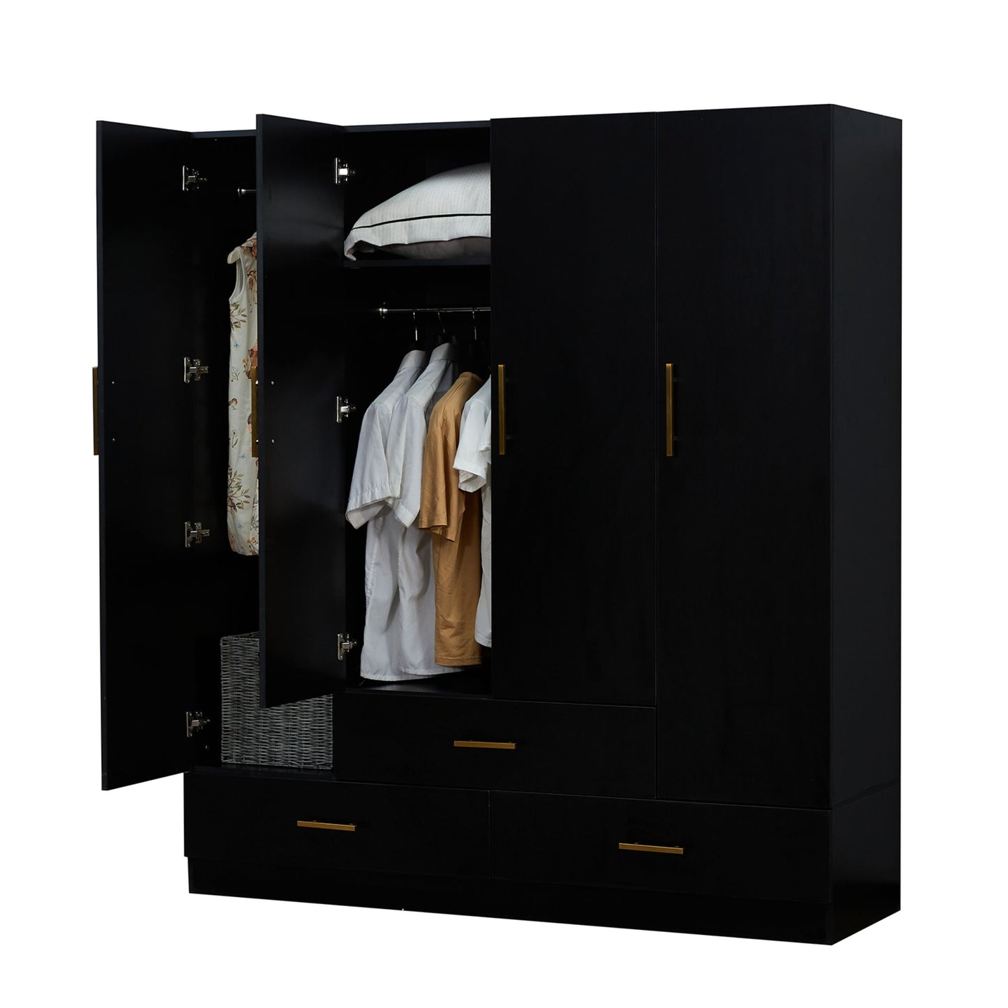 Armoire Wardrobe Closet, Wood Armoire Wardrobe Organizers with 3 Drawers, 4 Doors, Hanging Rod, Mirror and Shelves for Bedroom , Black