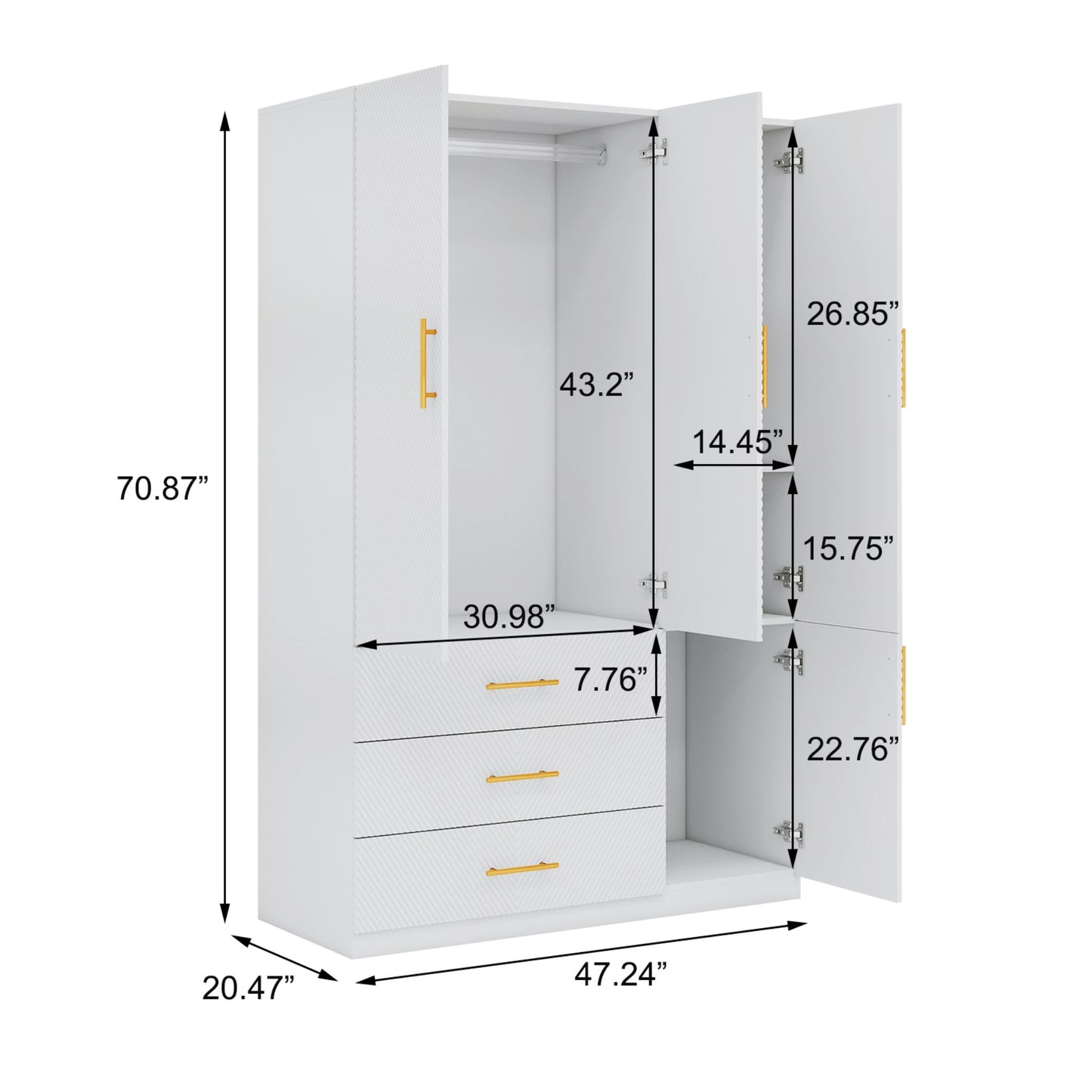 Wooden Armoire Wardrobe Closet, 3 Door 3 Drawers White Bedroom Armoires Wood Wardrobe Cabinet,  Wardrobe Closet with 1 Shelves and Hanging Rail