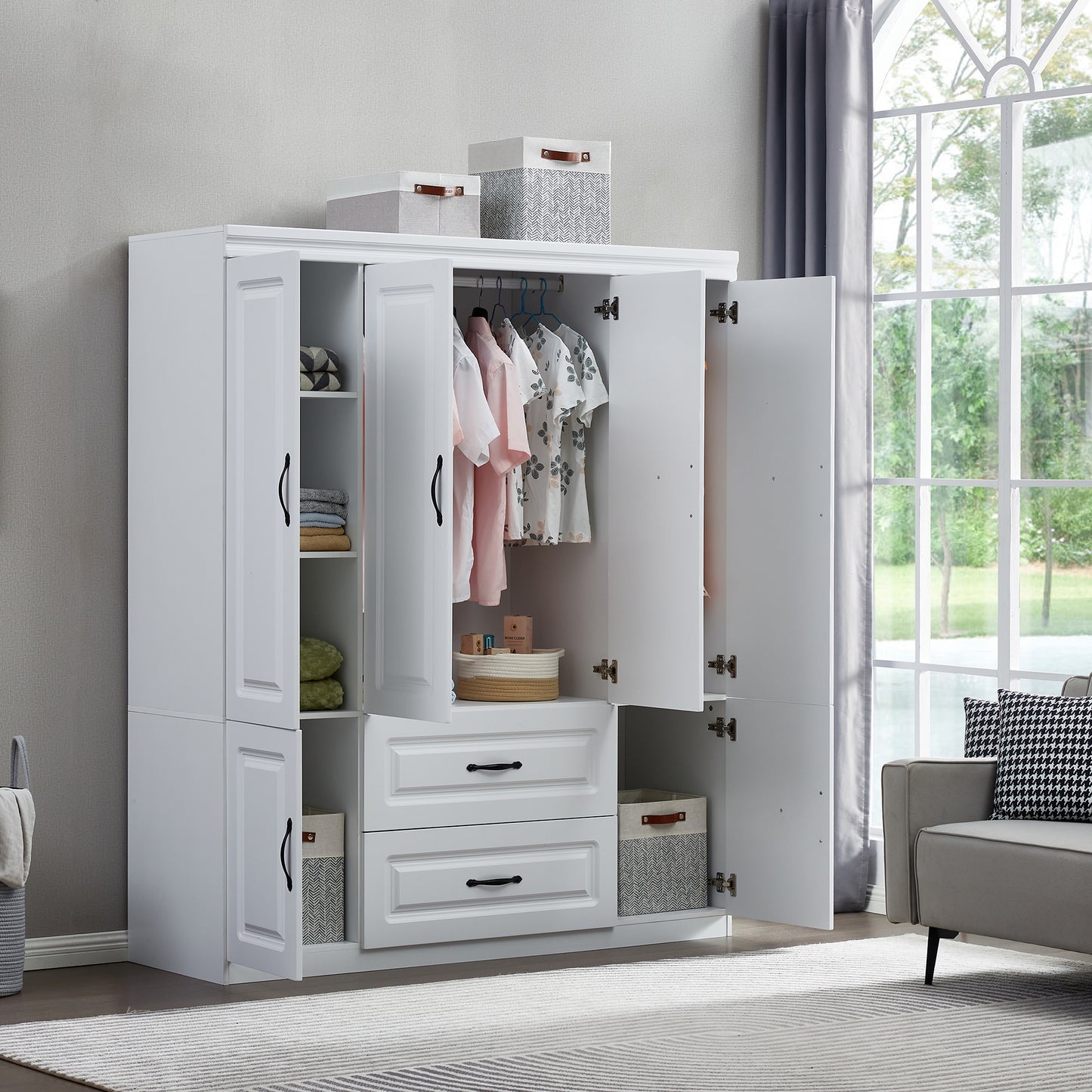 74" H White Solid Wood Freestanding Wardrobe Closet for Clothes Storage. Bedroom Wardrobe Storage Cabinet featuring 2 Hanging Rod Shelves, 2 Drawers, and 5 Storage Compartments