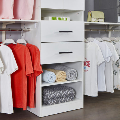 Closet Organizer System with 3 Shelf Towers, White Closet System with 2 Drawers Armoire Wardrobe Closet