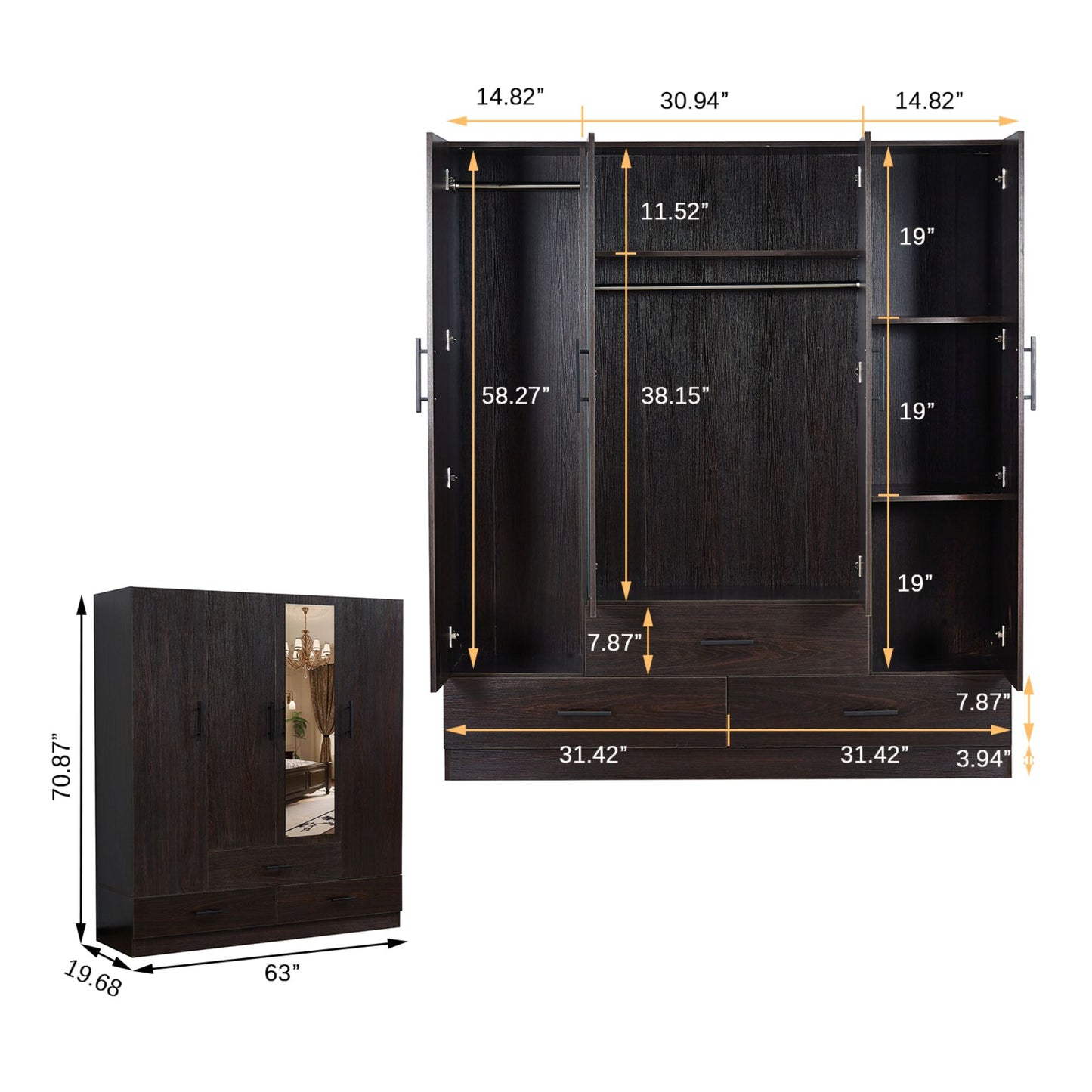 Wardrobe Closet with 3 Drawers & Shelves, 4 Doors Bedroom Armoires with Mirror & Hanging Rod, Armoire Wardrobe Closet,Wooden Clothes Cabinet Closet for Bedroom