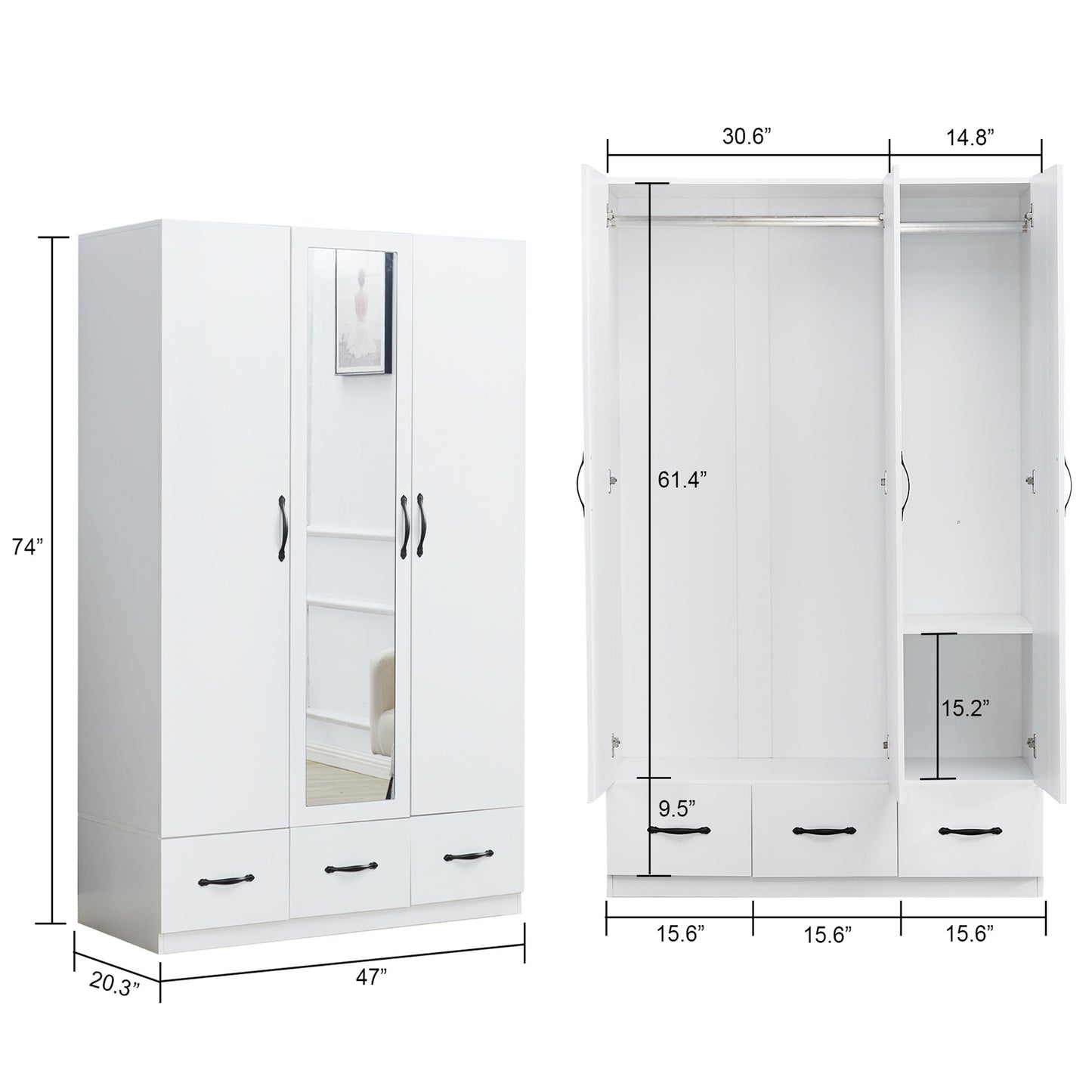 White Armoire Wardrobe Closet with 3 Doors Wooden  Armoires Clothes, Wardrobe Closets Storage Cabinet with Hanging Rod Shelves Closets for Bedroom