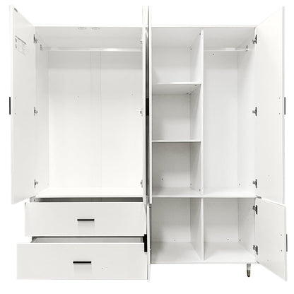 Armoire Wardrobe Closet, White Bedroom Armoires Wood Wardrobe Cabinet with 4 Door 2 Drawers, 5 Shelves and 2 Hanging Rail Tall Wardrobe Closet