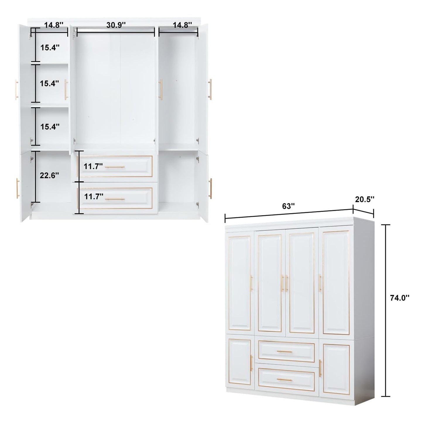 Wooden 4 Doors 2 Drawers Wardrobe Armoire Closet, Armoire Cabinet with Hanging Rod Shleves,Wooden Bedroom Clothes Storage Organizer, White