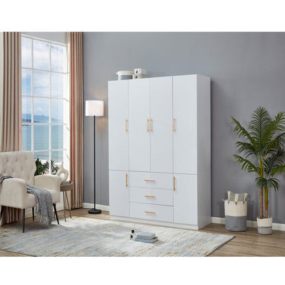 Wooden 4 Doors 3 Drawers White Wood Wardrobe Closet Armoire, Freestanding Closet Cabinet for Bedroom, Clothes Storage Closet Wardrobe with Hanging Rod, Wooden Clothes Organizer