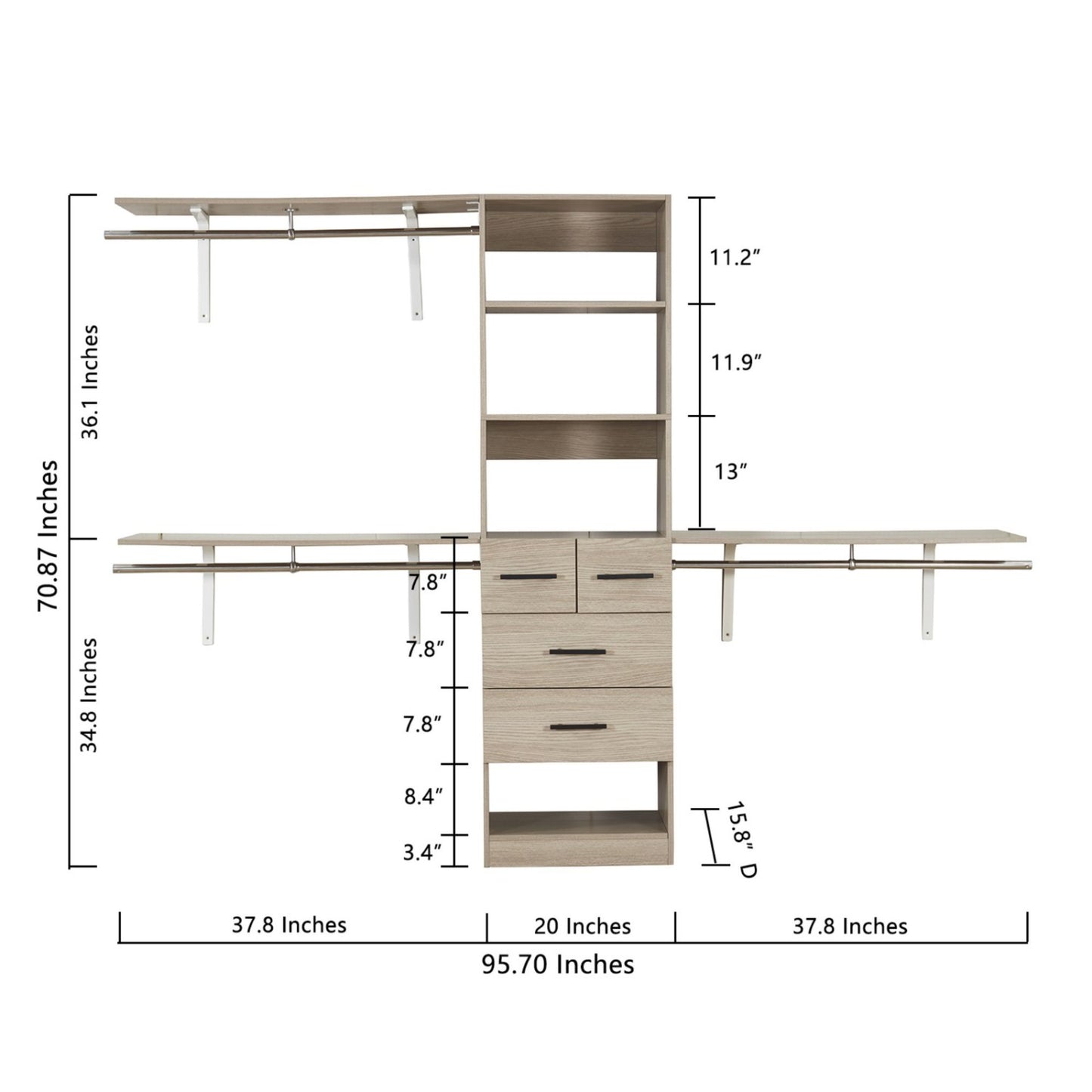 Closet Organizer System with 3 Shelf Towers,Closet System with 4 Drawers Armoire Wardrobe Closet