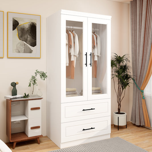 Armoire Wardrobe Closet, Bedroom Armoires with Mirror, Wardrobe Cabinet with Drawers, Hanging Rod and Storage Cabinet for Bedroom,White