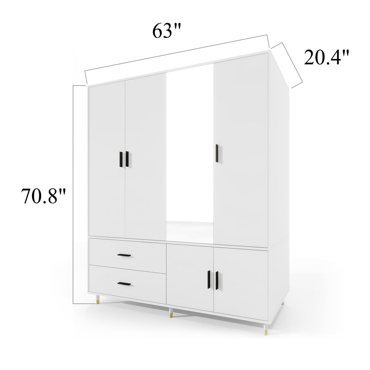 Armoire Wardrobe Closet, White Bedroom Armoires Wood Wardrobe Cabinet with 4 Door 2 Drawers, 5 Shelves and 2 Hanging Rail Tall Wardrobe Closet