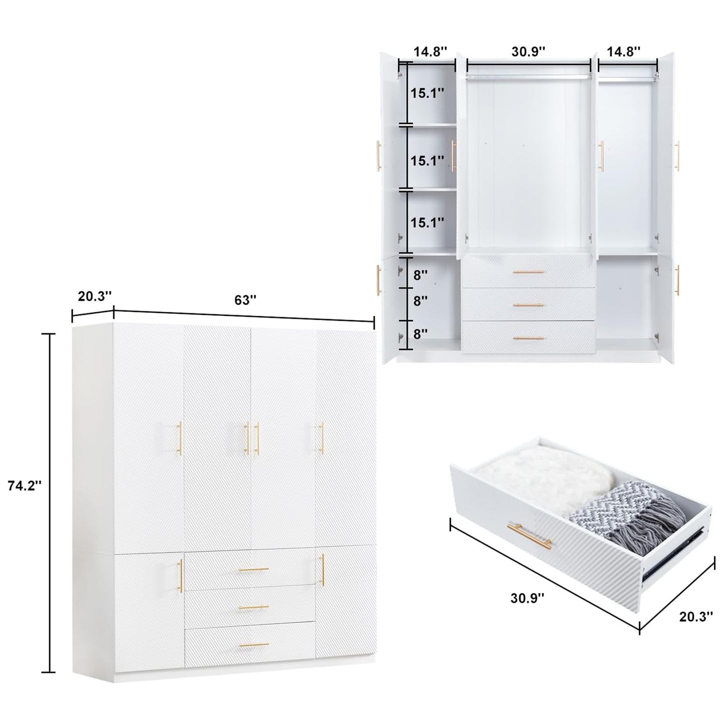 Wooden 4 Doors 3 Drawers White Wood Wardrobe Closet Armoire, Freestanding Closet Cabinet for Bedroom, Clothes Storage Closet Wardrobe with Hanging Rod, Wooden Clothes Organizer