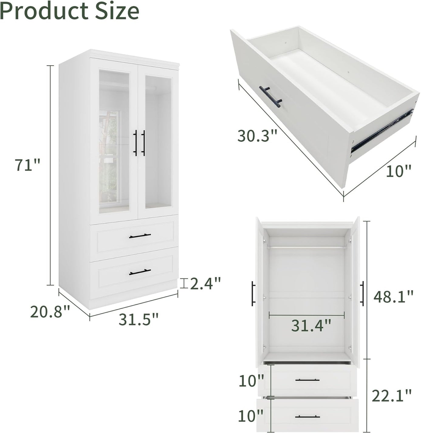 Armoire Wardrobe Closet, Bedroom Armoires with Mirror, Wardrobe Cabinet with Drawers, Hanging Rod and Storage Cabinet for Bedroom,White