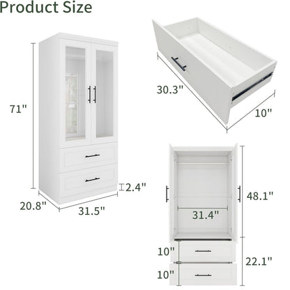 Armoire Wardrobe Closet, Bedroom Armoires with Mirror, Wardrobe Cabinet with Drawers, Hanging Rod and Storage Cabinet for Bedroom,White