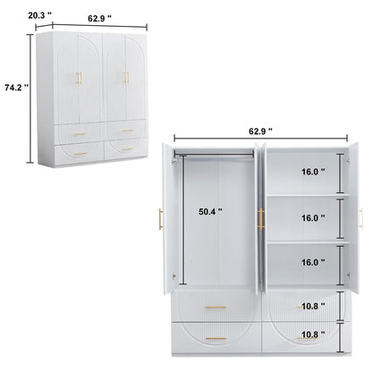 Tall Wardrobe Closet Cabinet with 4 Drawers and 4 Doors Ample Storage Capacity,Armoires and Wardrobes Wood with Hanging Rail White for Bedroom