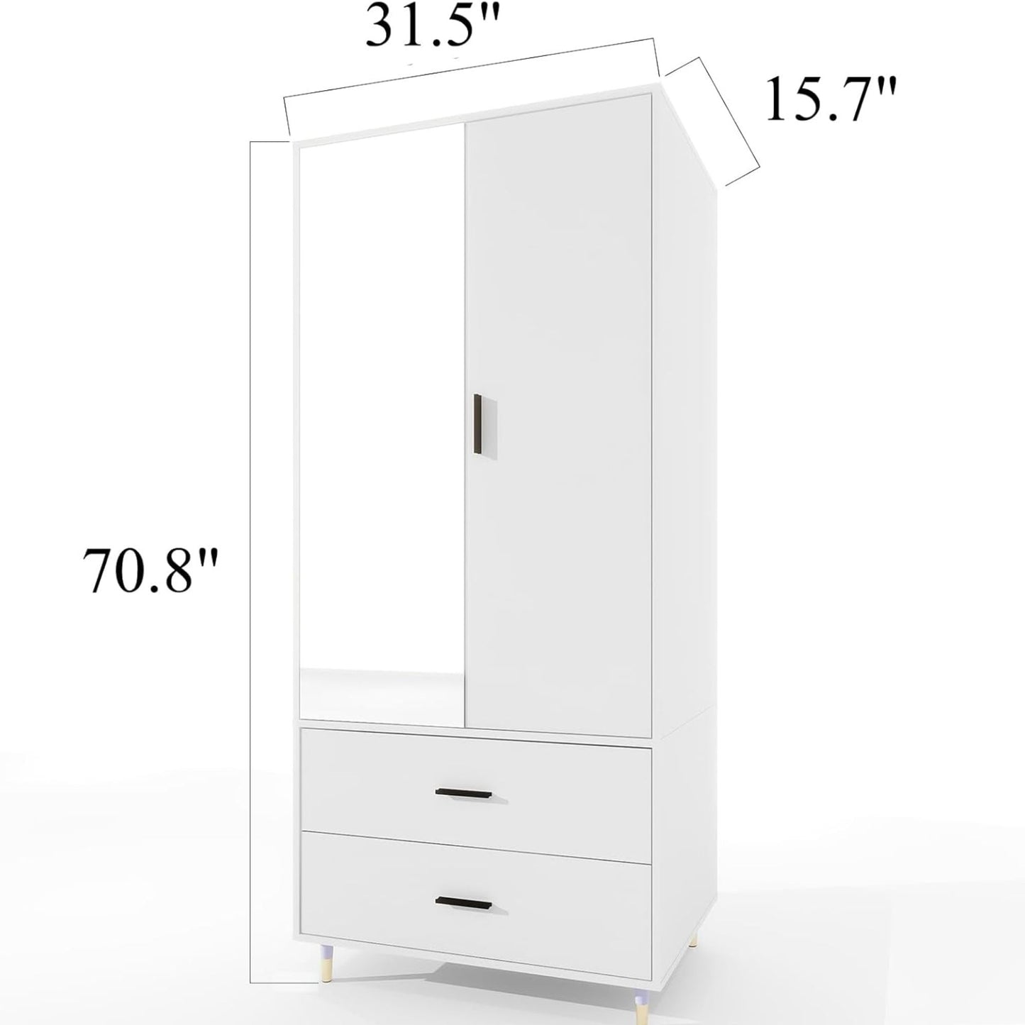 2 Doors Armoire Wardrobe Closet , 2 Drawers, Hanging Rods and Mirror Shelving for Bedroom White Wardrobe Closet Clothes Storage Organization