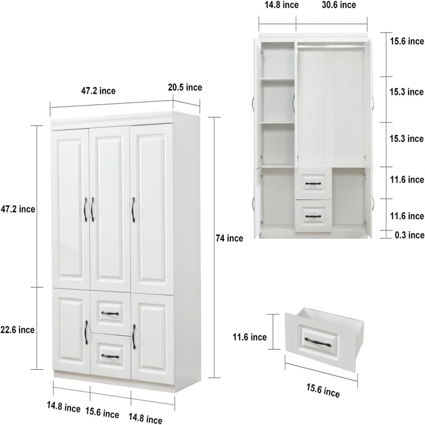 Morden 3 Door Armoire Wardrobe Closet, 2 Drawers Wooden  Closet Wardrobe Cabinet for Large Capacity with Hanging Rod for Tall Cabinet Closet White