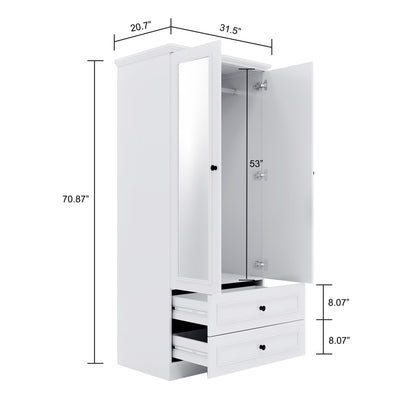 Wooden Armoire Wardrobe Closet with Mirror Door, White Bedroom Armoire Storage Cabinet, 2 Door Modern Armoire Wardrobe Closet with Hanging Rod for Bedroom