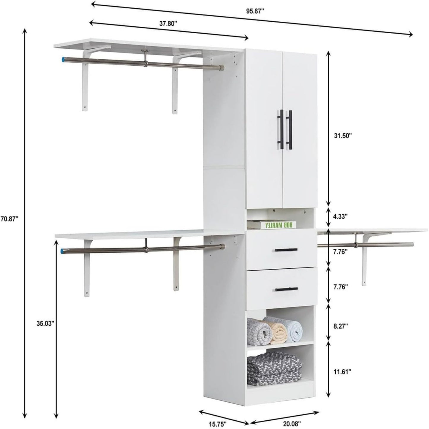 Closet Organizer System with 3 Shelf Towers, White Closet System with 2 Drawers Armoire Wardrobe Closet