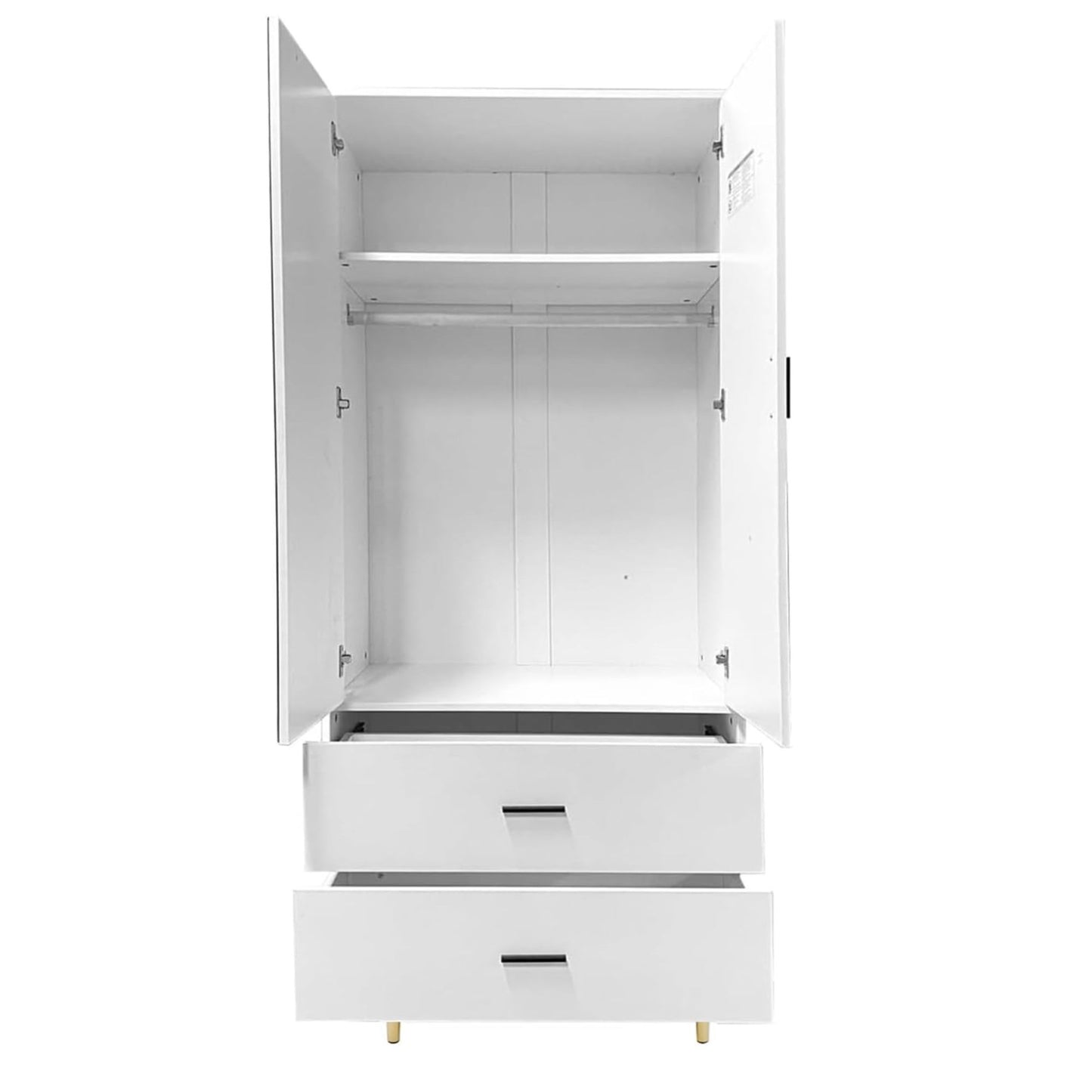 2 Doors Armoire Wardrobe Closet , 2 Drawers, Hanging Rods and Mirror Shelving for Bedroom White Wardrobe Closet Clothes Storage Organization