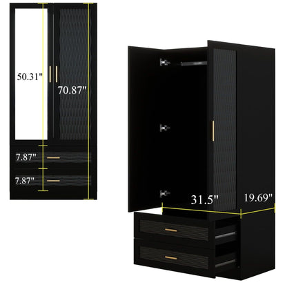 Modern Wooden Armoire Wardrobe Closet with Mirror Door, Black Bedroom Armoire Storage Cabinet, 2 Door  Armoire Wardrobe Closet with Hanging Rod for Bedroom