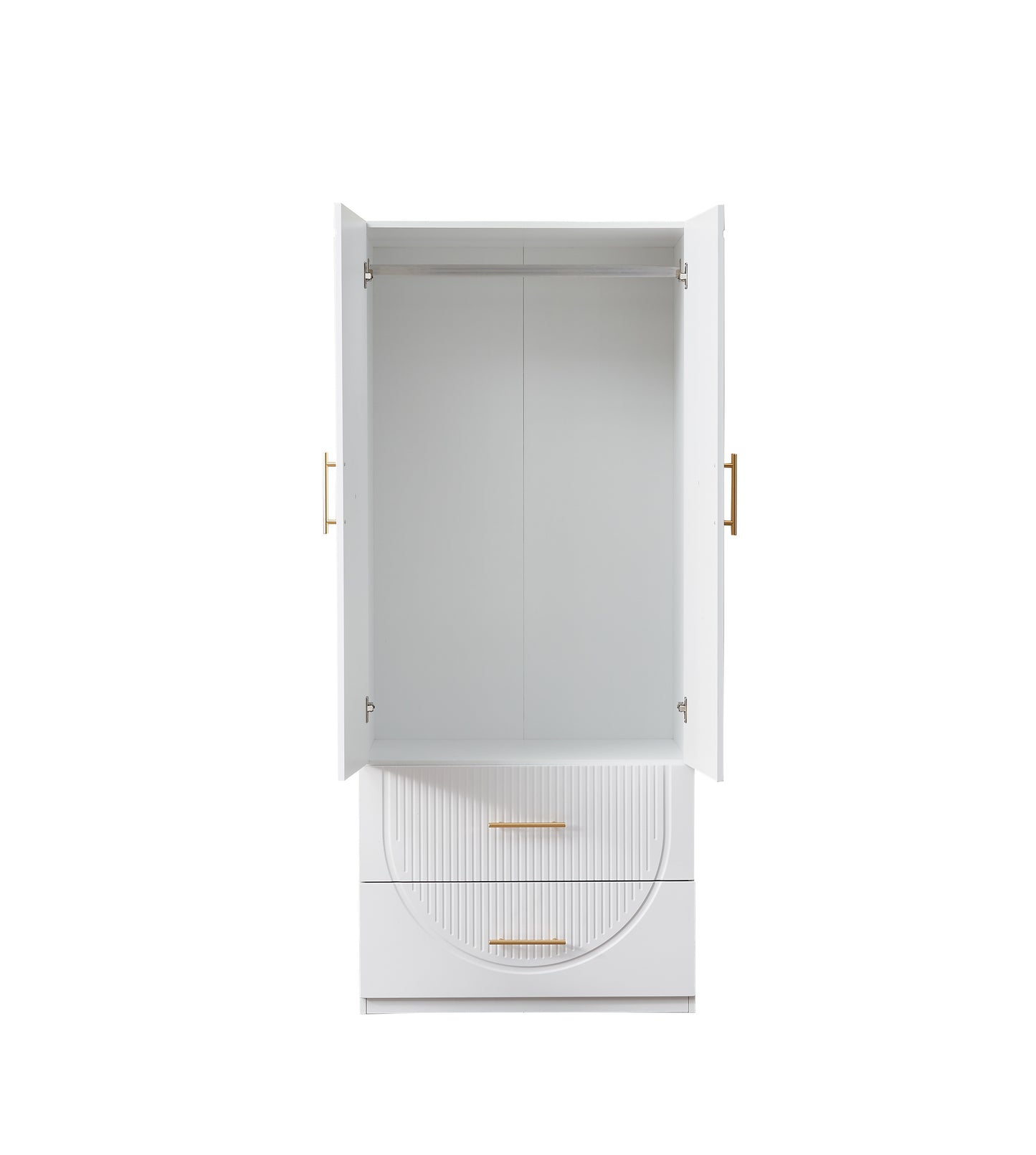 2 Door Wardrobe Armoire Cabinet, 2 Drawers Wooden White Closet Wardrobe Cabinet for Large Capacity with Hanging Rod and Metal Handles for Bedroom