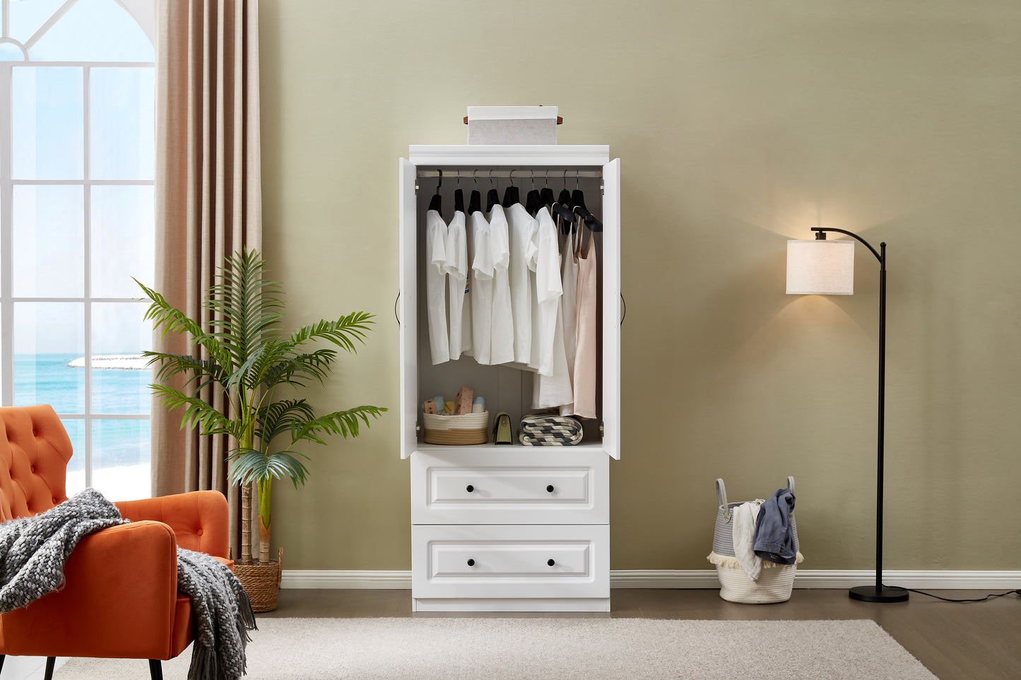 2 Door Armoire Wardrobe Closet, Two Drawers Wooden White Closet Wardrobe Cabinet for Large Capacity with Hanging Rod and Metal Handles for Tall Cabinet Closet 31.5" L x 20.3" W x 74.2" H