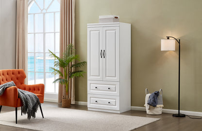 2 Door Armoire Wardrobe Closet, Two Drawers Wooden White Closet Wardrobe Cabinet for Large Capacity with Hanging Rod and Metal Handles for Tall Cabinet Closet 31.5" L x 20.3" W x 74.2" H