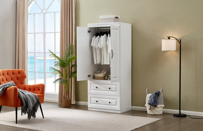 2 Door Armoire Wardrobe Closet, Two Drawers Wooden White Closet Wardrobe Cabinet for Large Capacity with Hanging Rod and Metal Handles for Tall Cabinet Closet 31.5" L x 20.3" W x 74.2" H