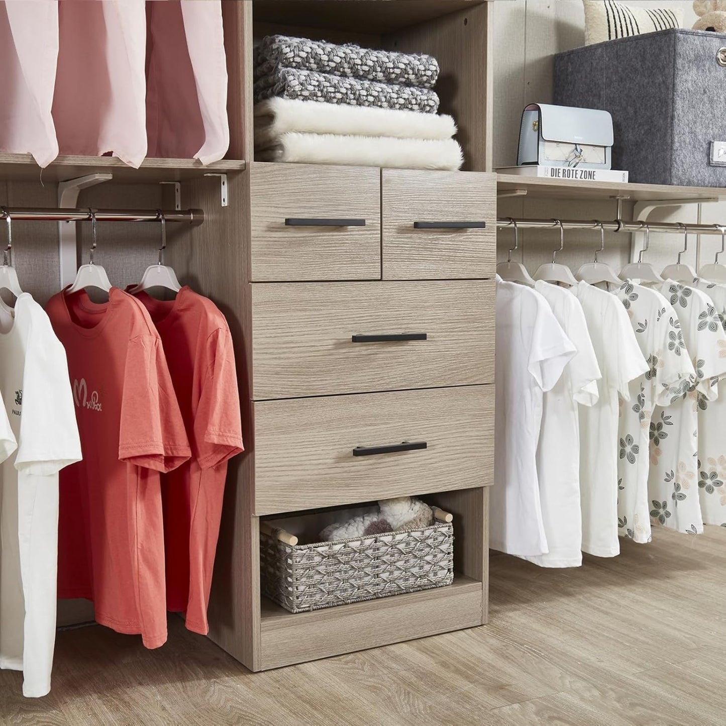 Closet Organizer System with 3 Shelf Towers,Closet System with 4 Drawers Armoire Wardrobe Closet