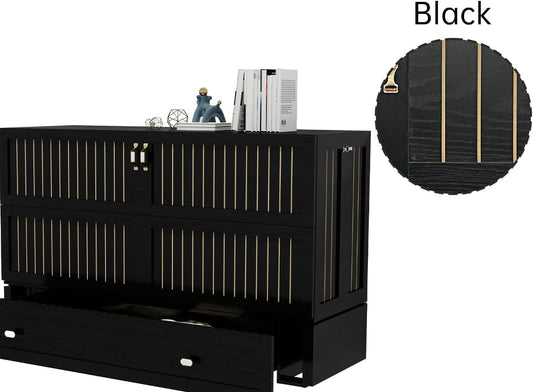 Queen Size MFC-11 Murphy Cabinet Bed with 2 Large Storage Drawers and Shelves Hidden Mobile Chest with Shelves Space Saving for Guest Room Bedroom, 82"x62"x41" Black (Mattress not Include)