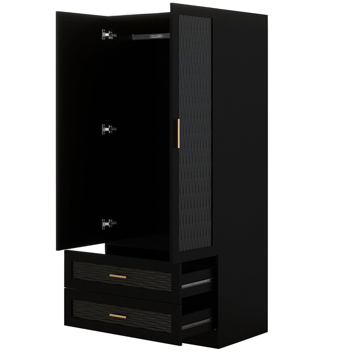 Modern Wooden Armoire Wardrobe Closet with Mirror Door, Black Bedroom Armoire Storage Cabinet, 2 Door  Armoire Wardrobe Closet with Hanging Rod for Bedroom