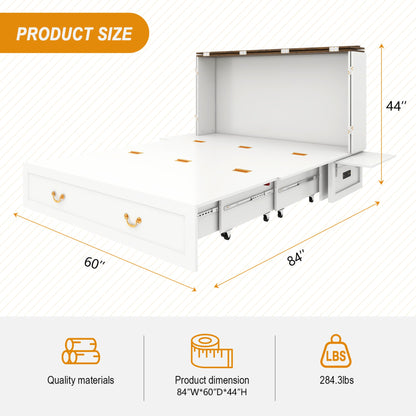 Murphy Bed Cabinet,Murphy Bed Queen with USB, Murphy Bed Cabinet with Drawer,Cabinet Bed for Guest Room, White