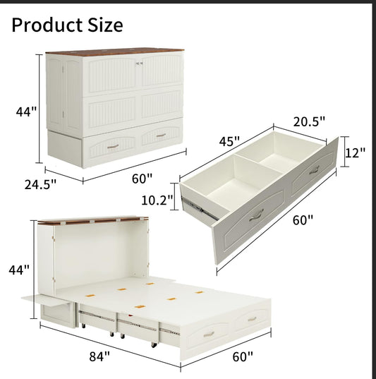 Murphy Bed Cabinet, MFC-3 Queen Murphy Bed with USB and Charging Ports, Murphy Bed Cabinet with Drawer Includes Storage Cabinet, Murphy Bed Queen Suit for Guest Room, White Cabinet Bed