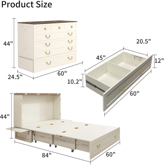 Murphy Bed Cabinet with Drawer Includes Storage Cabinet, MFC-6 Murphy Bed Twin Suit for Home Office, Murphy Bed Full with Charging and USB Port, Warm White Twin Murphy Bed Cabinet Bed, Guest Bed