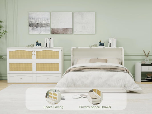 Murphy Bed Cabinet, MFC-9 Queen Cabinet Bed with Storage Drawers for Guest Room, Queen Size Murphy Bed, Space Saving Murphy Bed Chest, Hideaway Bed with White Rattan Design，Foldaway Bed Cabinet