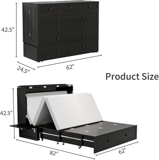 Murphy Bed with 2 Drawers and 2 Shelves, MFC-13 2 USB and 2 Charging Ports, Luxury Murphy Bed for Guest Rooms and Home Offices, Comfortable and Practical Black Queen Murphy Bed Cabinet