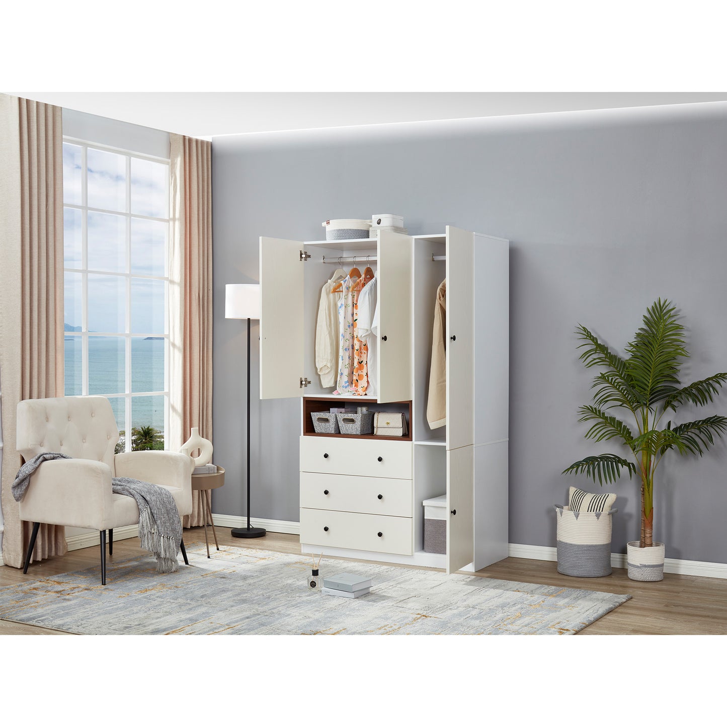 3 Door Armoire Wardrobe Closet Cabinet, 3 Drawers White Closet Cabinet for Large Capacity, Tall Cabinet Closet with 2 Hanging Rod and 2 Storage