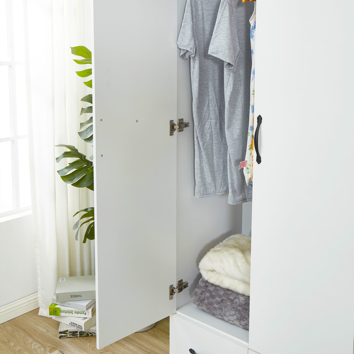 Morden Mirror White Four Doors Freestanding Armoires Wardrobe Cabinet Closet with 2 Hanging Rods and  Four Drawers Bedroom Closet Storage