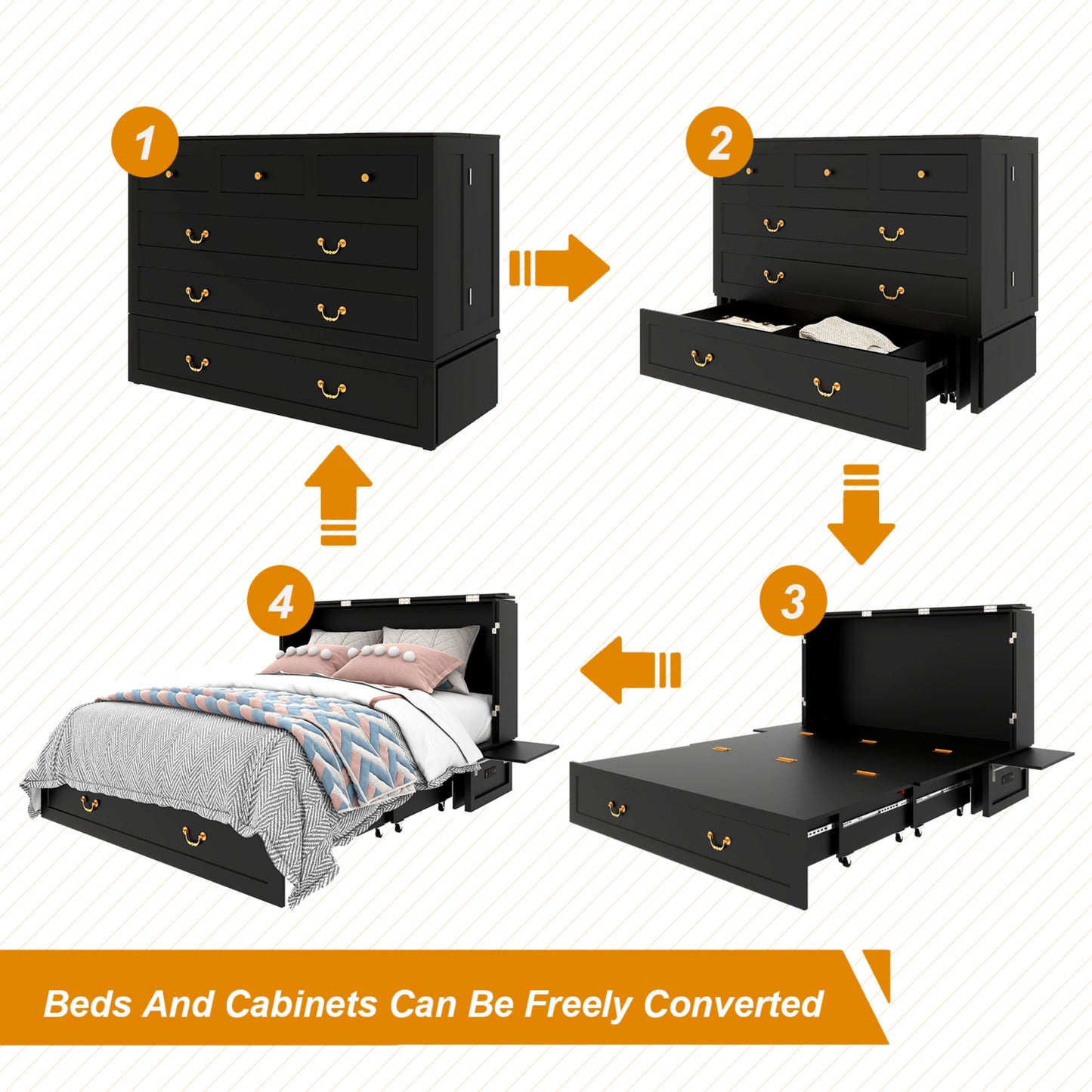 Murphy Cabinet Bed with Drawers, Murphy Mobile Chest Bed with Charging Station and 2 USB Ports Murphy Cabinet Chest Bed, Hidden Murphy Bed Bedroom Living Room Black