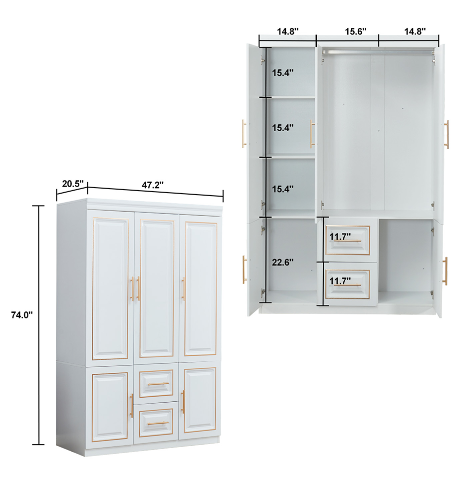 Armoire Wardrobe  74" H 3 Doors 2 Drawers White Bedroom Wardrobe Armoire Closet Freestanding Clothes Storage Armoire Organizer with Hanging Rod Shelves Clothes Cabinet for Bathrooms Clothes Storage