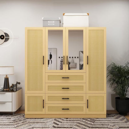 Rattan Bedroom Armoires and Wardrobes, 4 Doors Wardrobe Closet with Mirror & Drawers, Clothes Cabinet Wardrobe with Hanging Rods, Wooden Closet Wardrobes for Bedroom