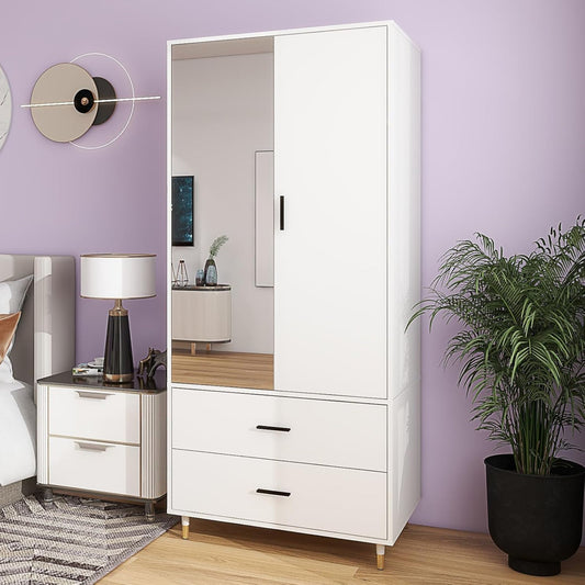 2 Doors Armoire Wardrobe Closet , 2 Drawers, Hanging Rods and Mirror Shelving for Bedroom White Wardrobe Closet Clothes Storage Organization