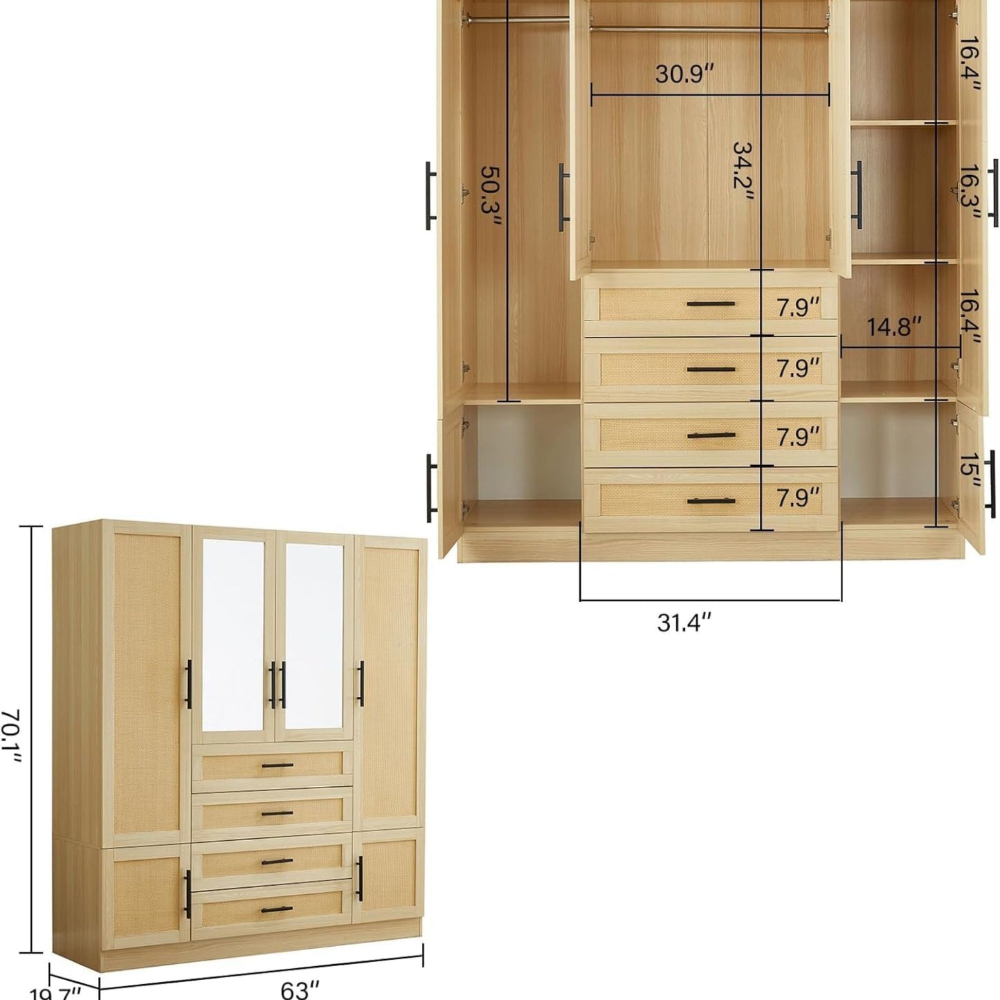 Rattan Bedroom Armoires and Wardrobes, 4 Doors Wardrobe Closet with Mirror & Drawers, Clothes Cabinet Wardrobe with Hanging Rods, Wooden Closet Wardrobes for Bedroom