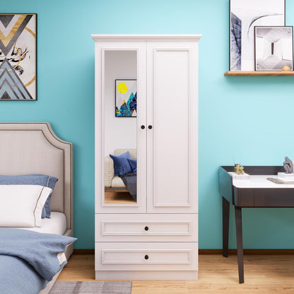 Wooden Armoire Wardrobe Closet with Mirror Door, White Bedroom Armoire Storage Cabinet, 2 Door Modern Armoire Wardrobe Closet with Hanging Rod for Bedroom