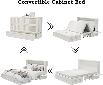 Queen Murphy Bed Cabinet with Storage Drawer and Shelves, MFC-10 White Queen Hideaway Murphy Bed Suit for Guest Room and Bedroom Living Room, Size is 82" L x 62" W x 41" H(NOT Included Mattress)