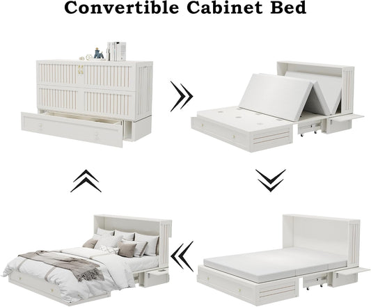 Queen Murphy Bed Cabinet with Storage Drawer and Shelves, MFC-10 White Queen Hideaway Murphy Bed Suit for Guest Room and Bedroom Living Room, Size is 82" L x 62" W x 41" H(NOT Included Mattress)